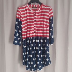 Reborn American Flag Tunic, 3/4 Sleeve, V-Neck, Pleating Detail